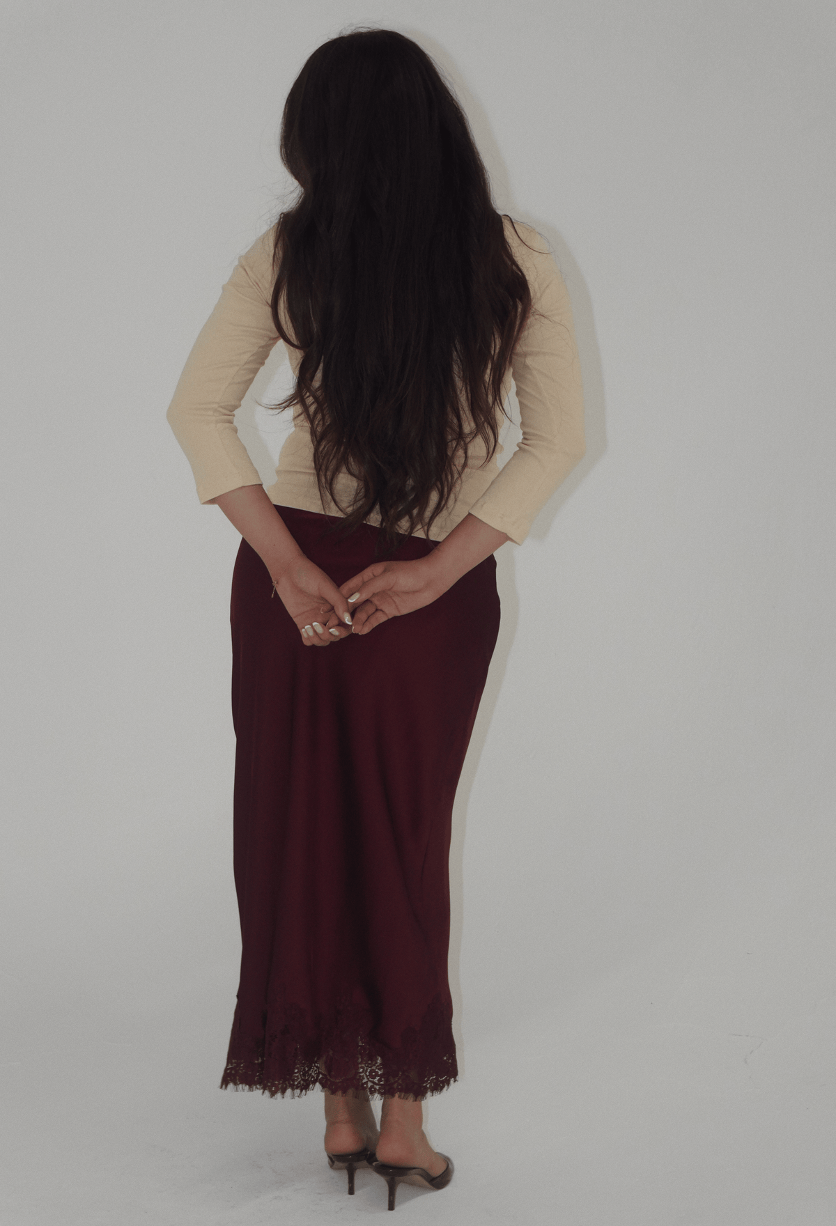 Julia Lace Satin Maxi Skirt in Burgundy