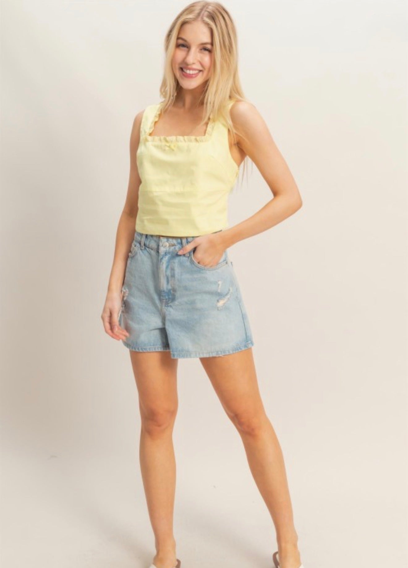 Baby Yellow Lace Trim Peplum Top