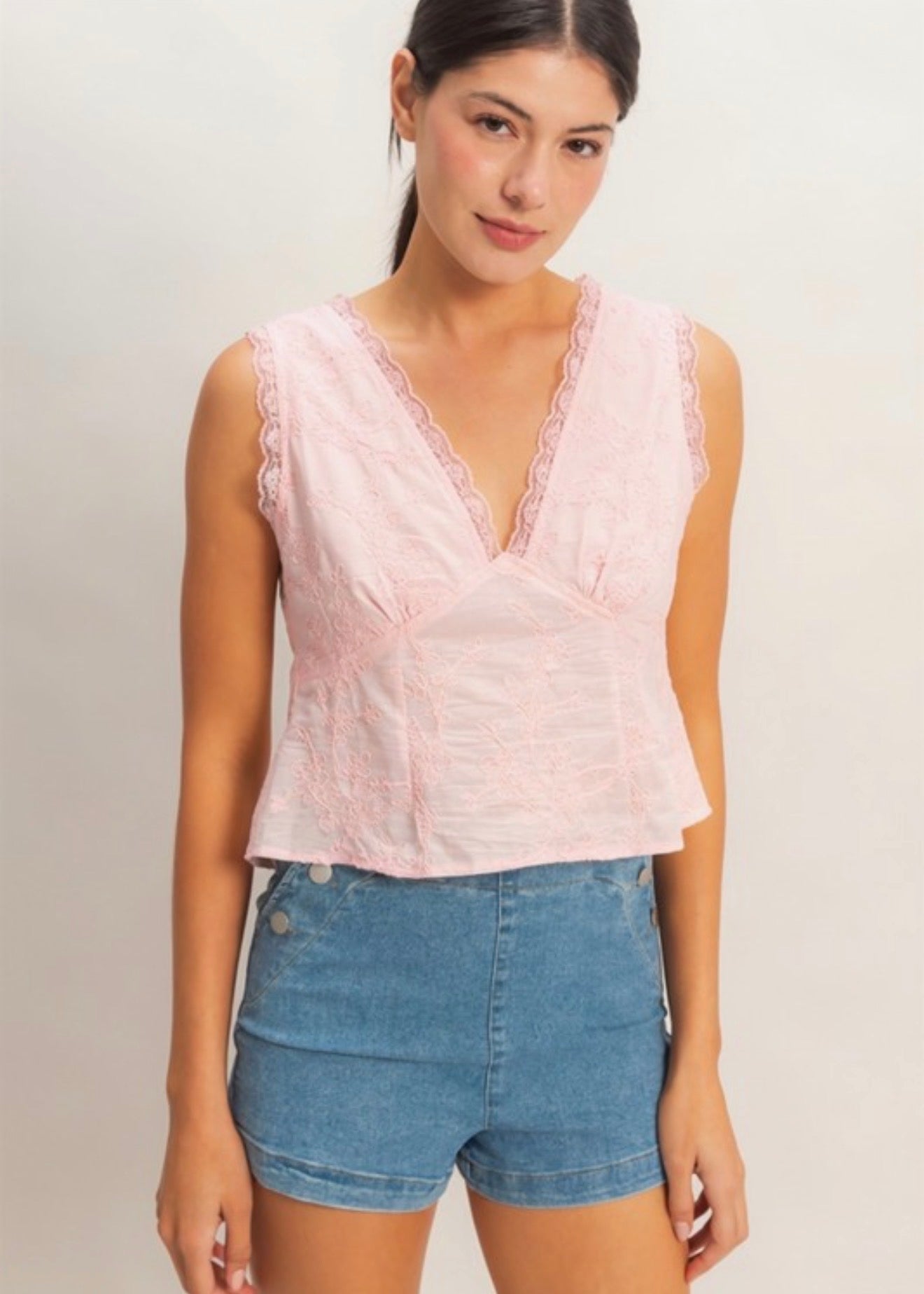 Embroidery V Neck Lace Top