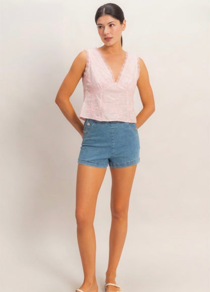 Embroidery V Neck Lace Top