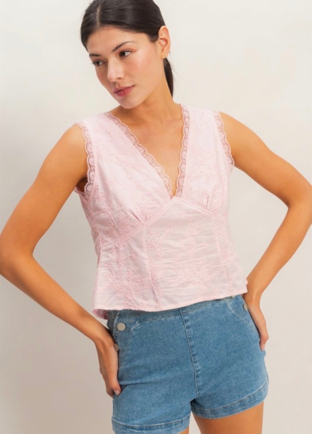 Embroidery V Neck Lace Top