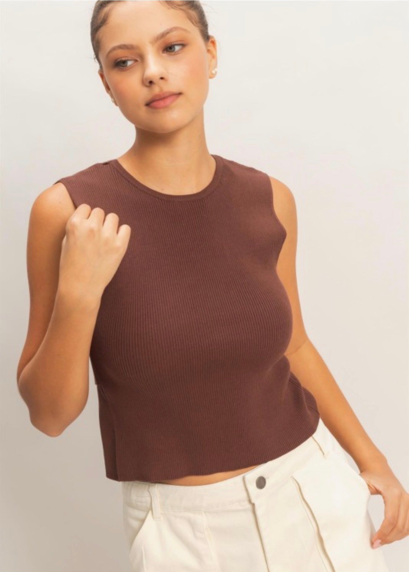 Ribbed Crew Neck Open Back Sleeveless Top