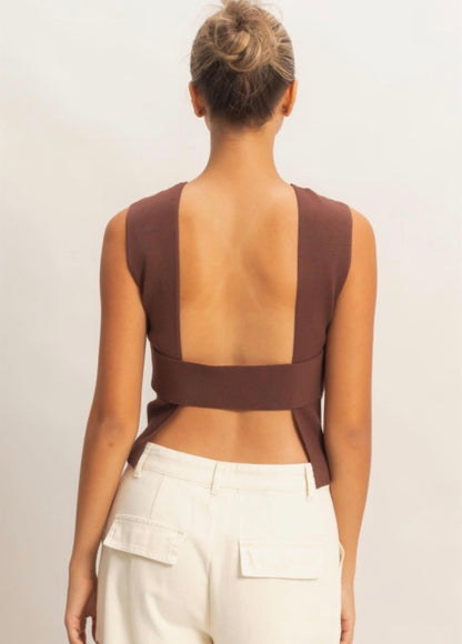 Ribbed Crew Neck Open Back Sleeveless Top