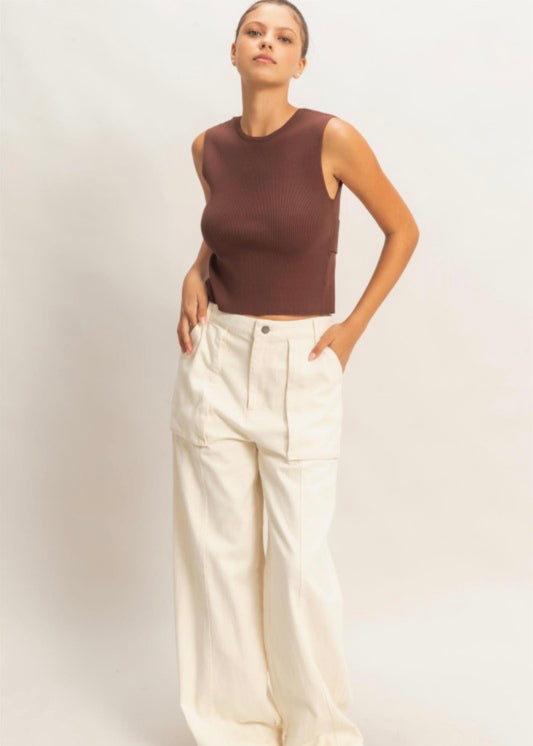 Ribbed Crew Neck Open Back Sleeveless Top