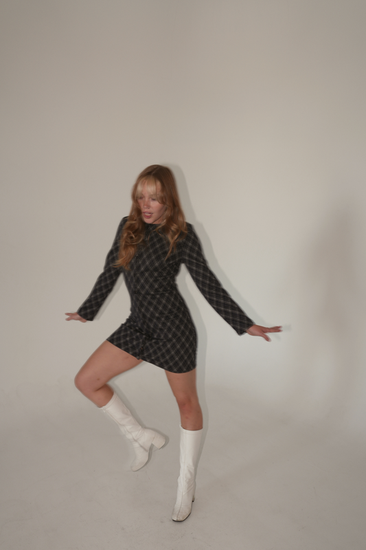 Rory Navy Plaid Long-Sleeve Mini Shift Dress