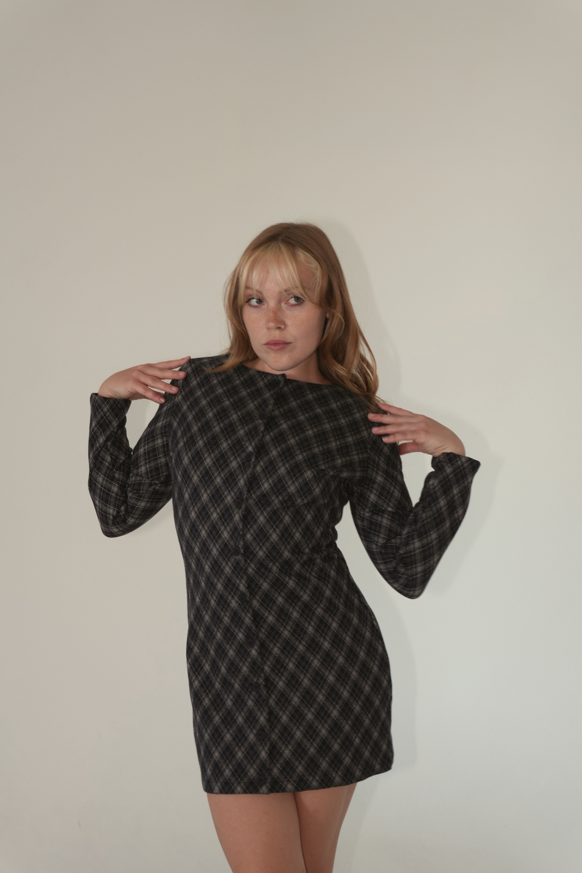 Rory Navy Plaid Long-Sleeve Mini Shift Dress