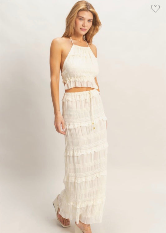 Ruffled Halter Top and Midi Tiered Ruffled Skirt Set