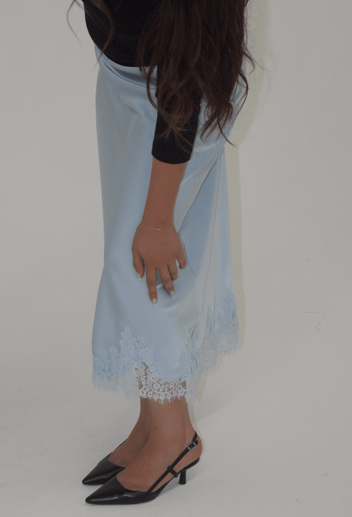 Julia Lace Satin Maxi Skirt in Artic Blue