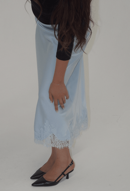 Julia Lace Satin Maxi Skirt in Artic Blue