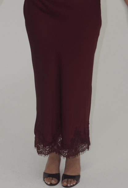 Julia Lace Satin Maxi Skirt in Burgundy