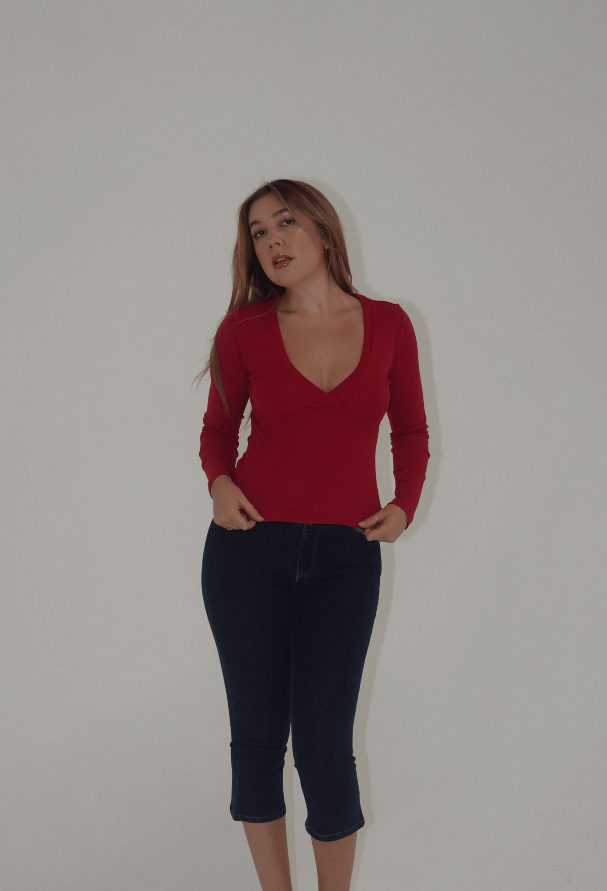 Kat Red Long Sleeve V-Neck Top
