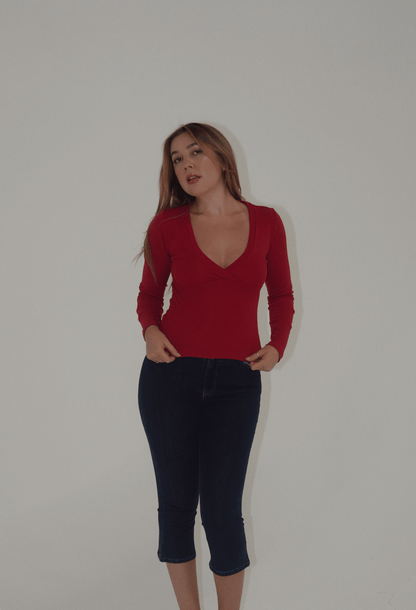 Kat Red Long Sleeve V-Neck Top