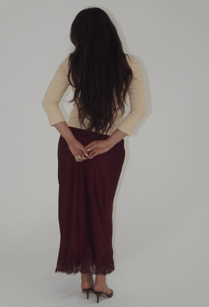 Julia Lace Satin Maxi Skirt in Burgundy