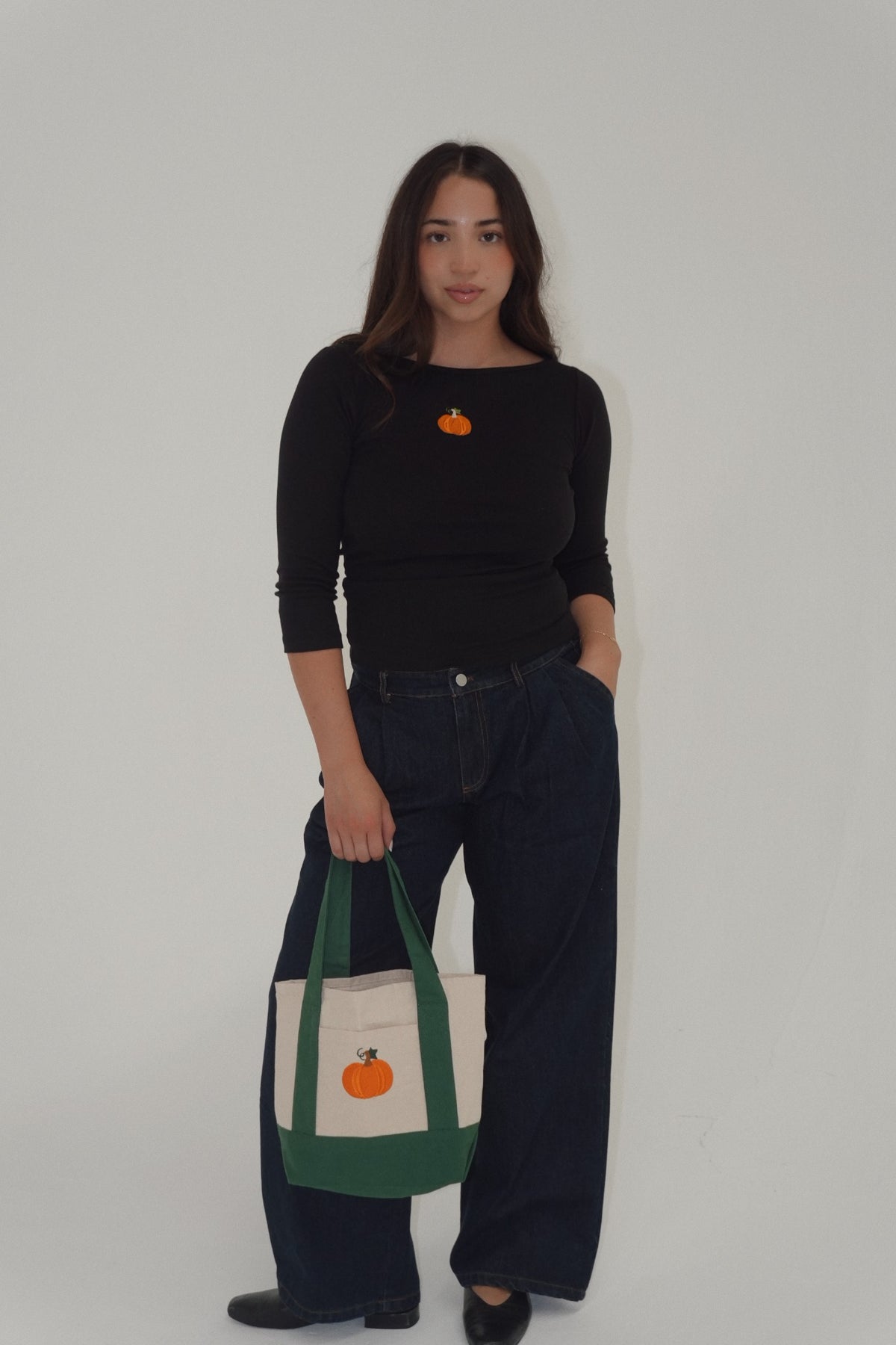 Embroidered Pumpkin Boatneck top : 100% cotton