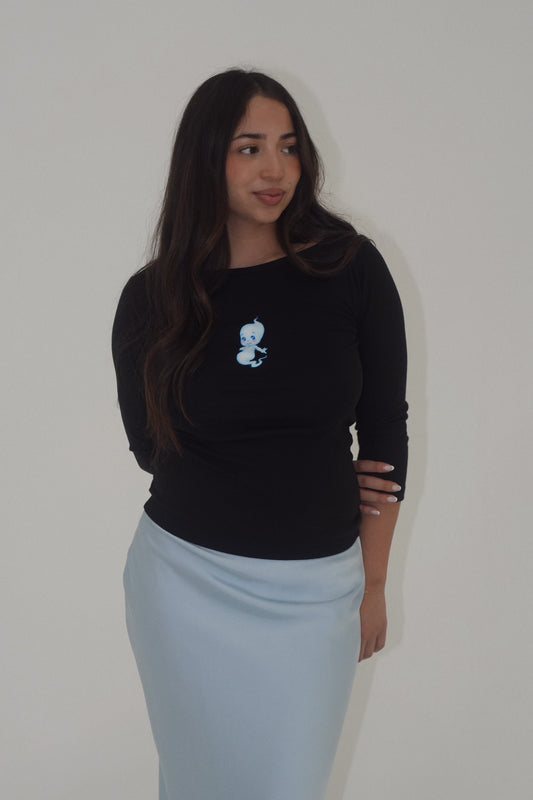 Ghostie Boatneck top paired with Julia Lace Maxi skirt in Arctic Blue