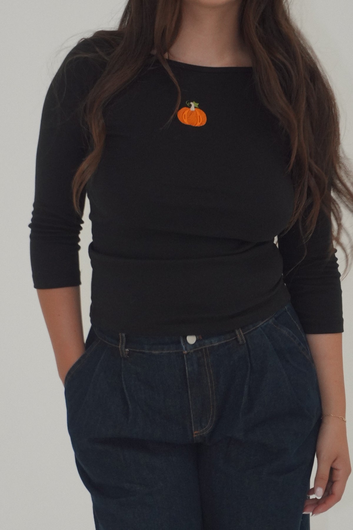 Embroidered pumpkin on Black Boatneck  quarter sleeve top