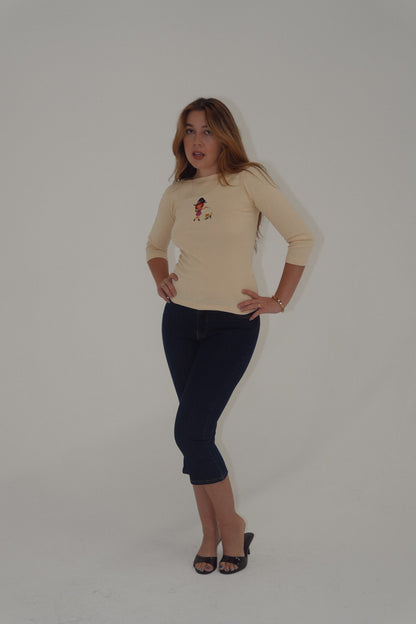 Red Witch Boatneck top paired with Franny Low Waist Denim Capris